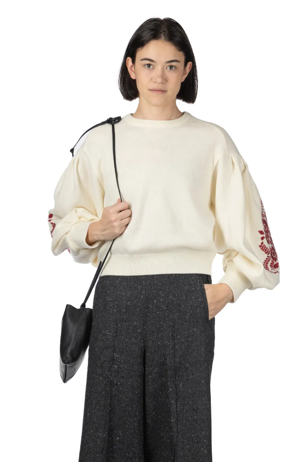 Fashion Kapital 7G Wool BOUFFANT Sleeve Sweater (LATVIA Embroidery) - Natural