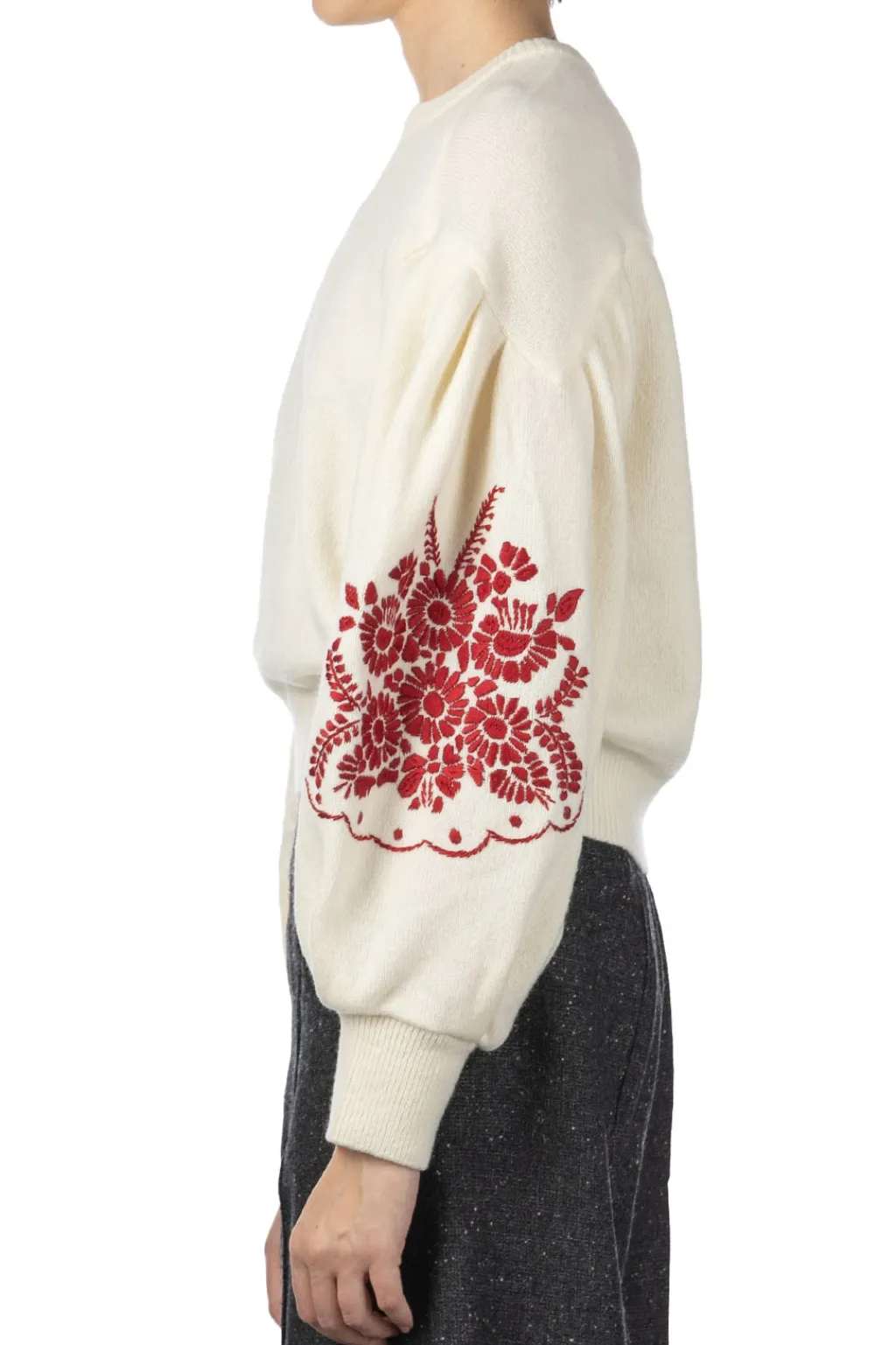Fashion Kapital 7G Wool BOUFFANT Sleeve Sweater (LATVIA Embroidery) - Natural
