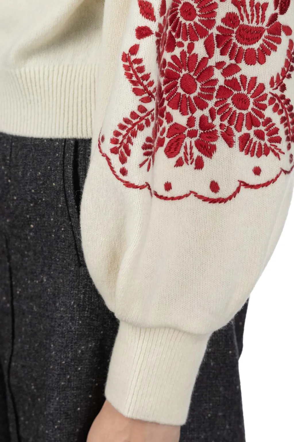 Fashion Kapital 7G Wool BOUFFANT Sleeve Sweater (LATVIA Embroidery) - Natural