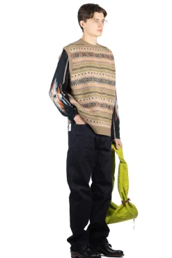 Outlet Kapital 7G Wool FairIsle BONE Vest - Orange