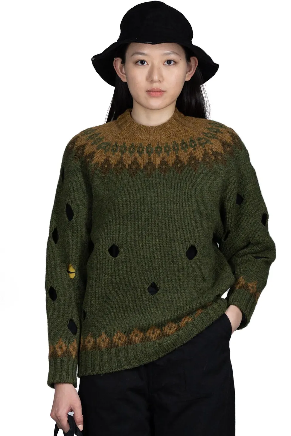 New Kapital 3G Wool NORDIC Hole Punch Raglan Crew Sweater - Khaki