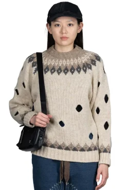 Fashion Kapital 3G Wool NORDIC Hole Punch Raglan Crew Sweater - Natural