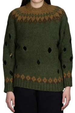 New Kapital 3G Wool NORDIC Hole Punch Raglan Crew Sweater - Khaki