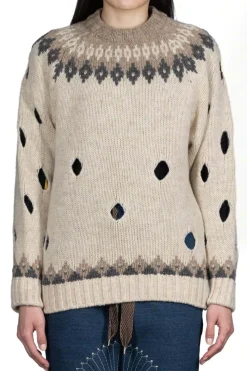 Fashion Kapital 3G Wool NORDIC Hole Punch Raglan Crew Sweater - Natural