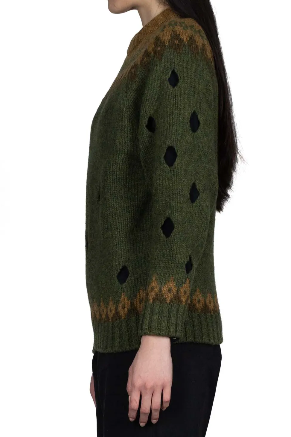 New Kapital 3G Wool NORDIC Hole Punch Raglan Crew Sweater - Khaki