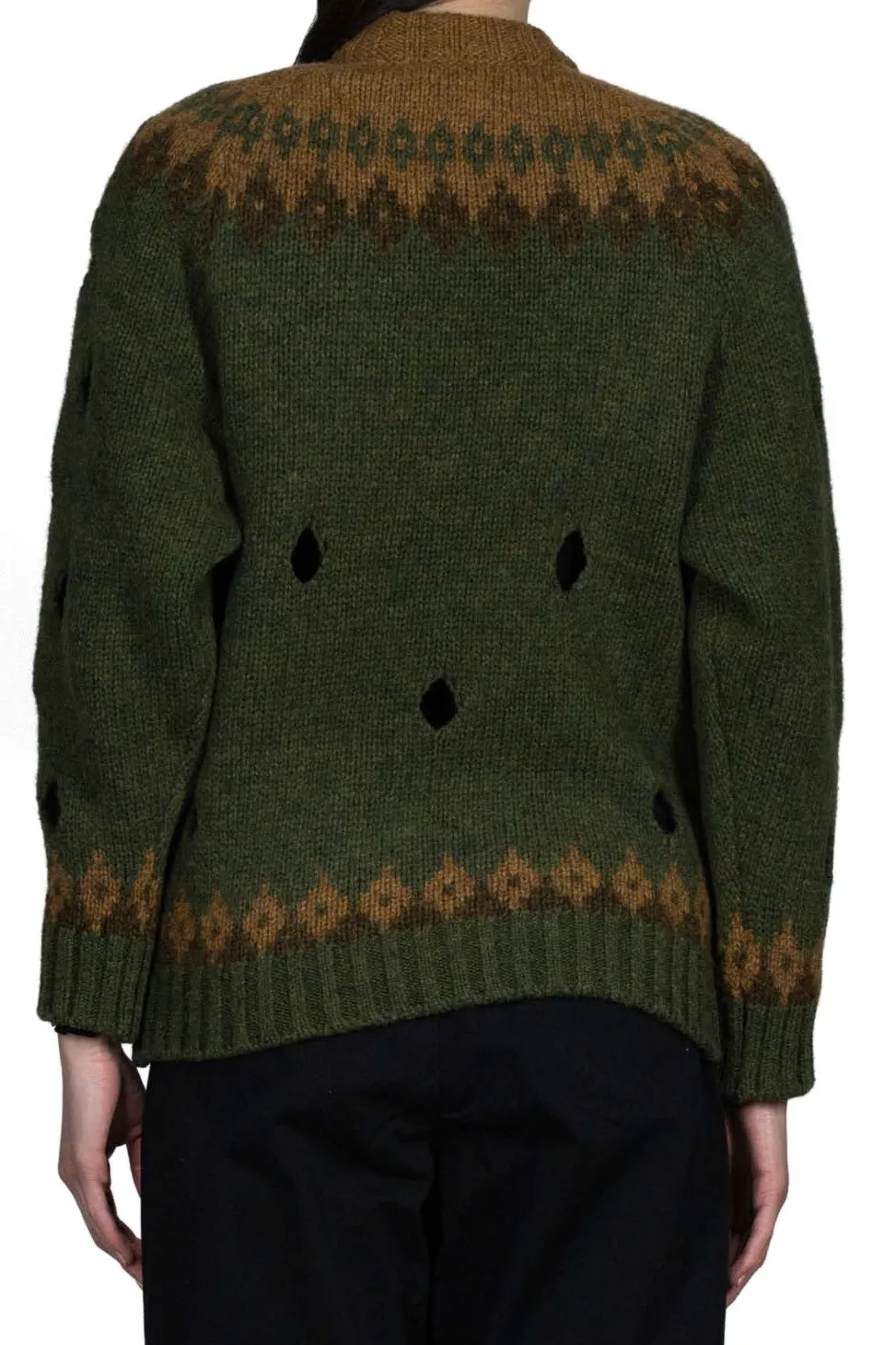 New Kapital 3G Wool NORDIC Hole Punch Raglan Crew Sweater - Khaki