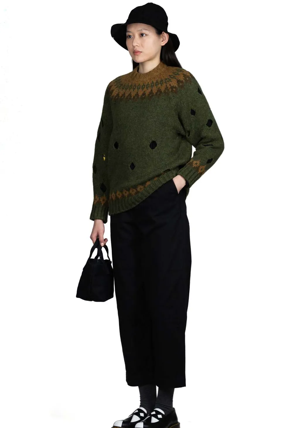 New Kapital 3G Wool NORDIC Hole Punch Raglan Crew Sweater - Khaki