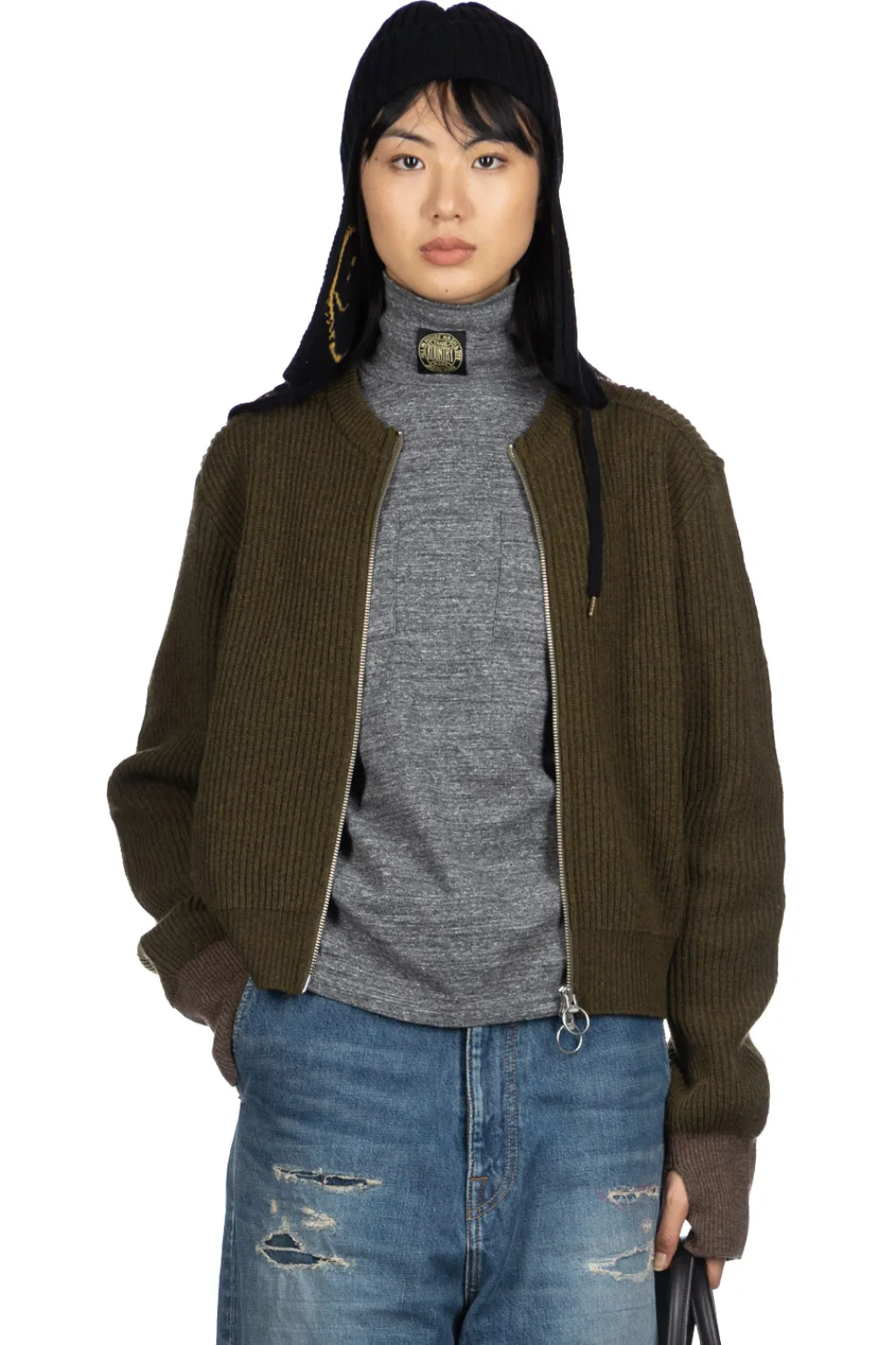 Clearance Kapital 8G Wool Rib Knit Zip Short Cardigan - Khaki