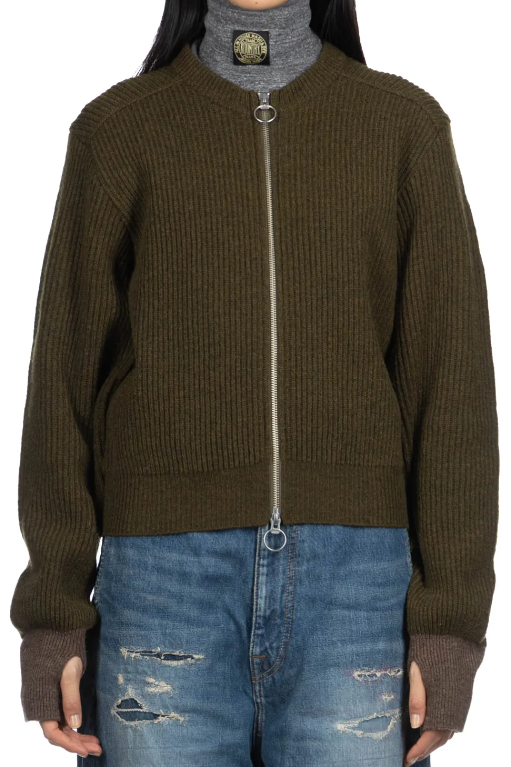Clearance Kapital 8G Wool Rib Knit Zip Short Cardigan - Khaki