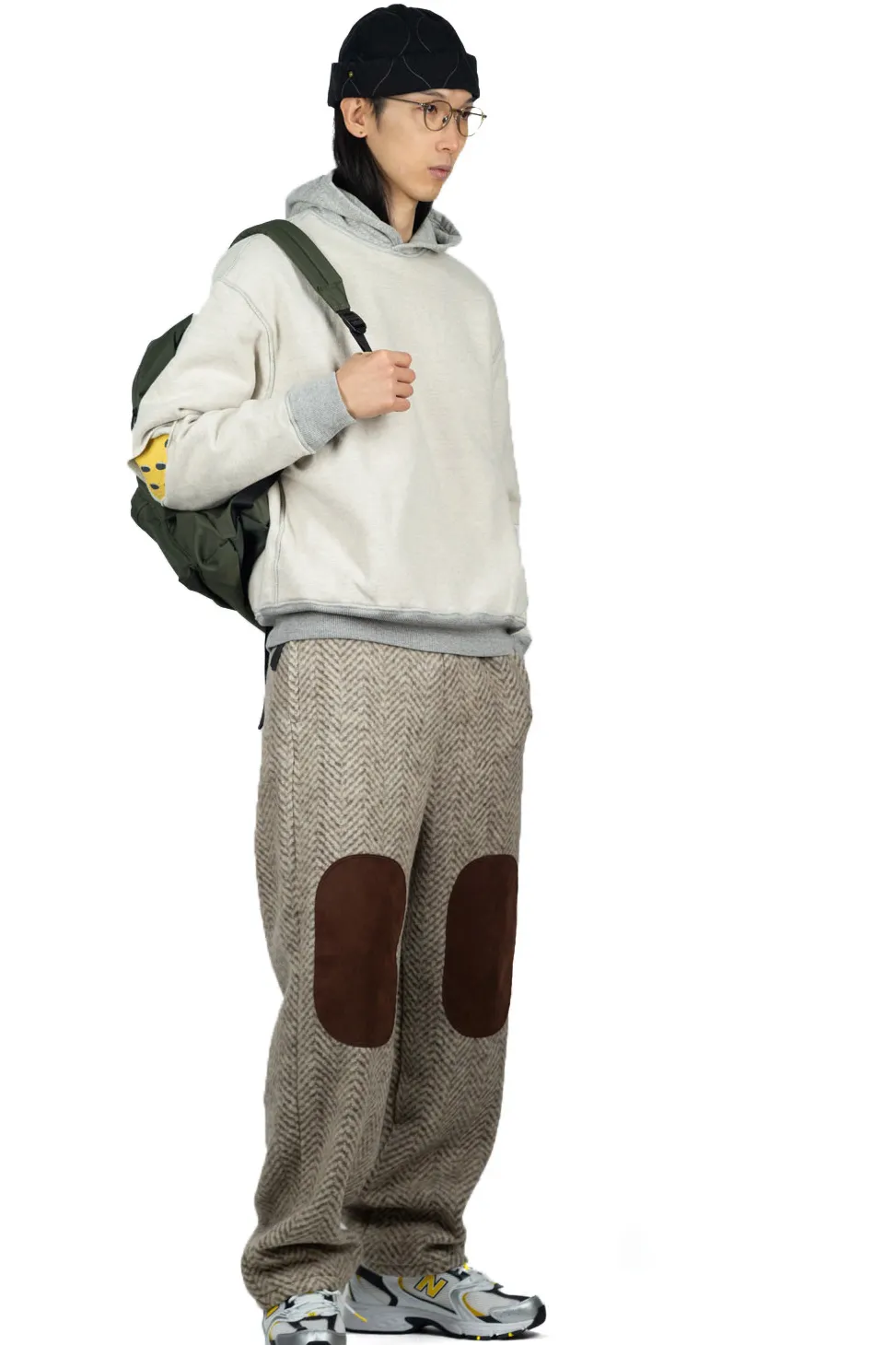 New Kapital Herringbone Heavy Fleece Easy Tapered Pants - Beige x Khaki