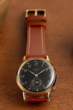 Discount KUOE Watch Italian Cordovan Leather Band - Whiskey - Silver Buckle - 18mm