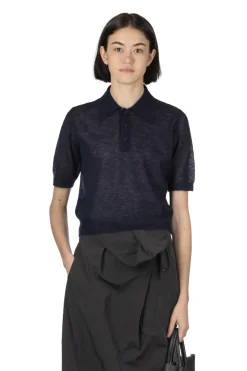 Clearance AURALEE Kid Mohair Sheer Knit Polo - Navy