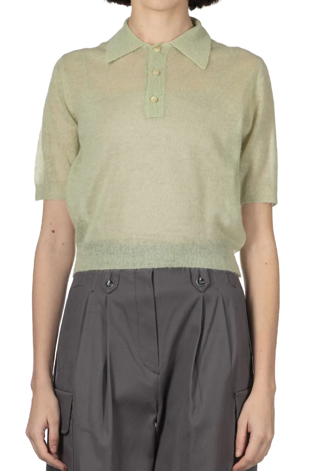 Clearance AURALEE Kid Mohair Sheer Knit Polo - Pale Green
