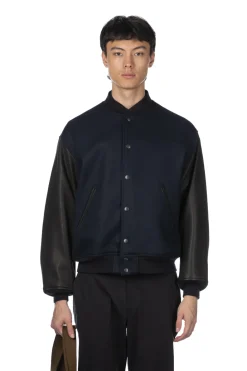 Fashion Kaptain Sunshine Leather Sleeve Award Jacket - Top Navy
