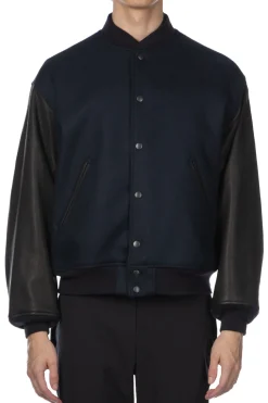 Fashion Kaptain Sunshine Leather Sleeve Award Jacket - Top Navy