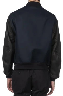 Fashion Kaptain Sunshine Leather Sleeve Award Jacket - Top Navy