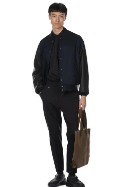 Fashion Kaptain Sunshine Leather Sleeve Award Jacket - Top Navy