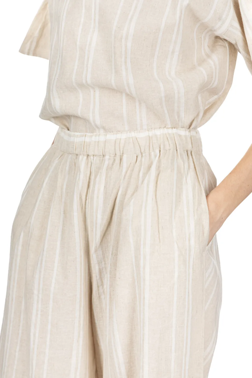 Best Nachukara Linen Cotton Check Gather Pants - Natural Stripe
