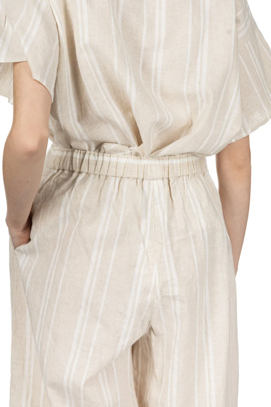 Best Nachukara Linen Cotton Check Gather Pants - Natural Stripe