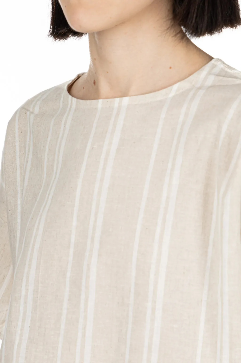 Outlet Nachukara Linen Cotton Check Pullover - Natural Stripe