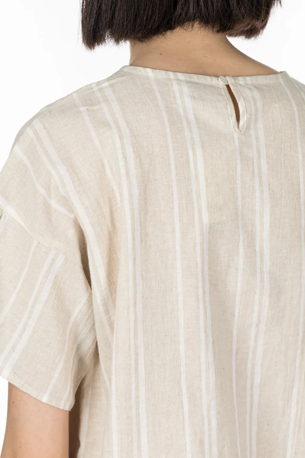 Outlet Nachukara Linen Cotton Check Pullover - Natural Stripe