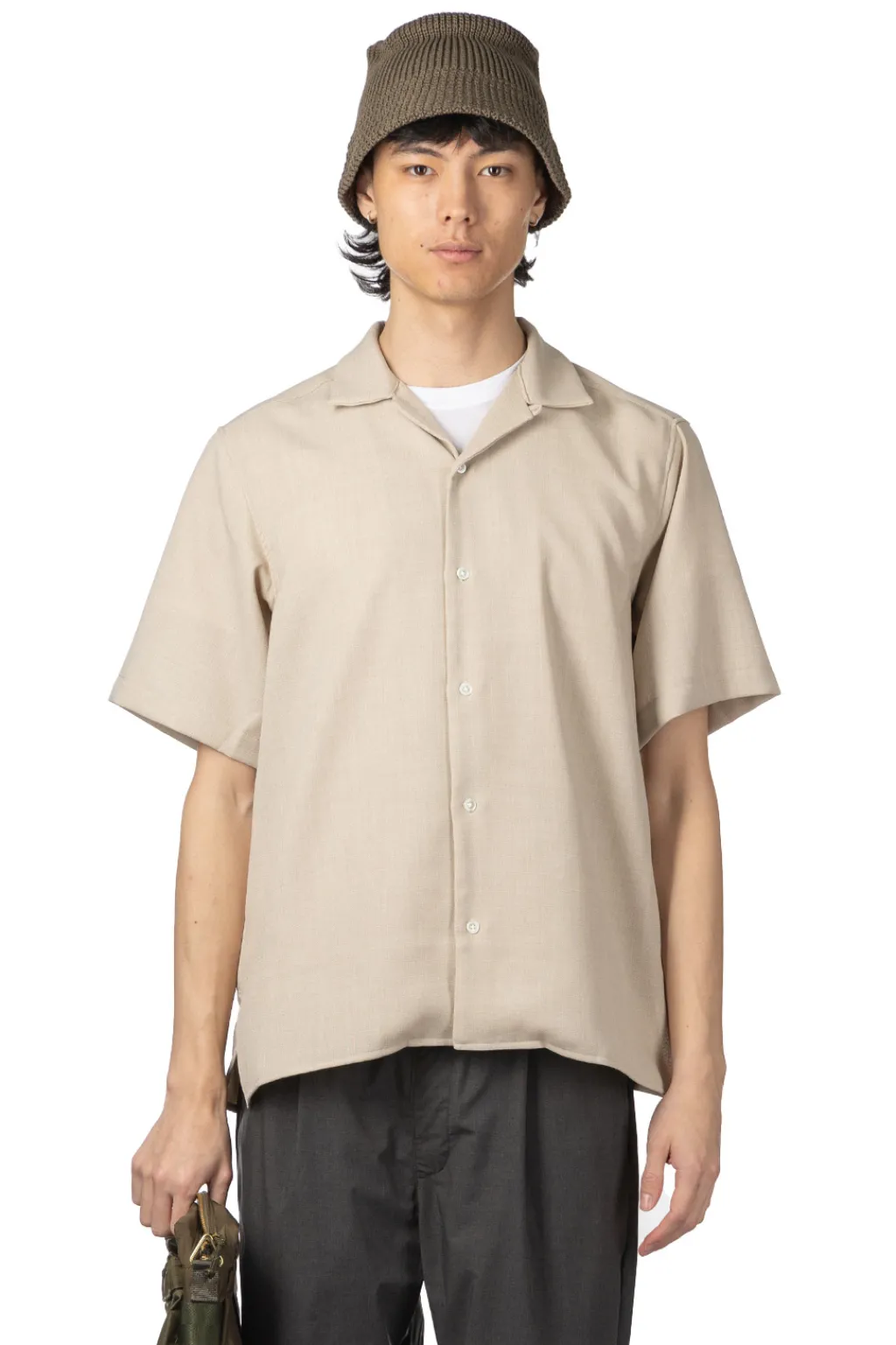 Outlet Manual Alphabet Mesh Ox Open Collar SS Shirt - L. Beige