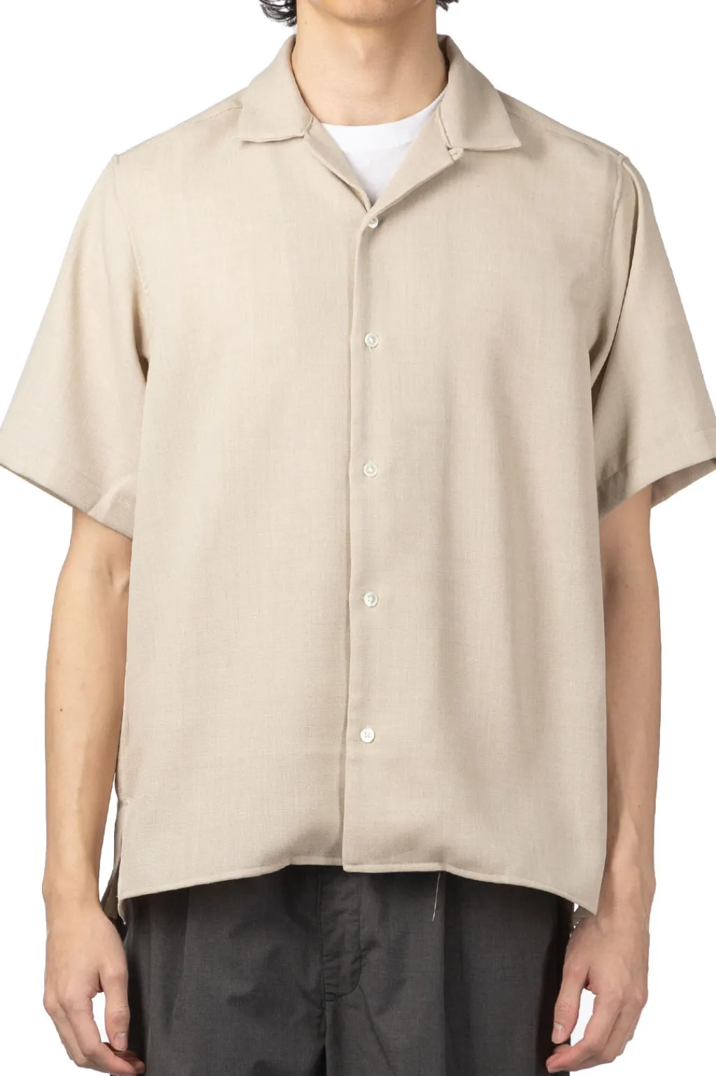 Outlet Manual Alphabet Mesh Ox Open Collar SS Shirt - L. Beige