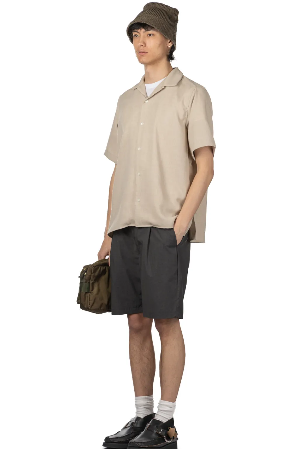 Outlet Manual Alphabet Mesh Ox Open Collar SS Shirt - L. Beige