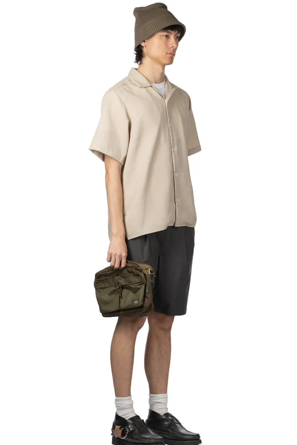 Outlet Manual Alphabet Mesh Ox Open Collar SS Shirt - L. Beige