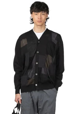 New Junya Watanabe MAN Multi Fabrics Mix Intarsia Pattern Cardigan - Black