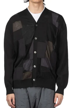 New Junya Watanabe MAN Multi Fabrics Mix Intarsia Pattern Cardigan - Black