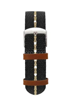 Fashion KUOE Watch Nylon Strap - Black x Beige - Silver Buckle - 18mm