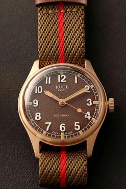 Discount KUOE Watch Nylon Strap - Khaki x Red - Silver Buckle - 20mm