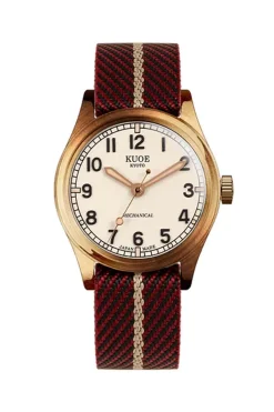 Fashion KUOE Watch Nylon Strap - Red x Beige - Silver Buckle - 20mm