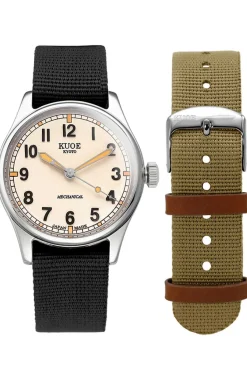 New KUOE Watch OLD SMITH 90-002 Automatic - Ivory Dial Nylon Strap