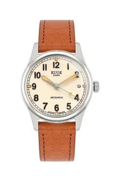 Best KUOE Watch OLD SMITH 90-002 Automatic - Ivory Dial Tan Strap with Date