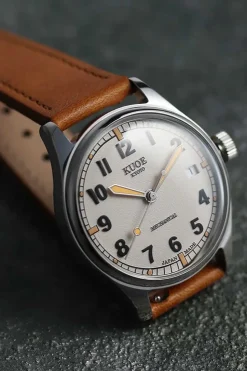 Best KUOE Watch OLD SMITH 90-002 Automatic - Ivory Dial Tan Strap with Date