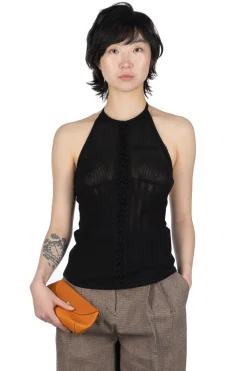 Hot Mame Kurogouchi Openwork Lace-up Knitted Top - Black