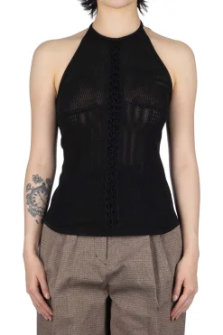 Hot Mame Kurogouchi Openwork Lace-up Knitted Top - Black