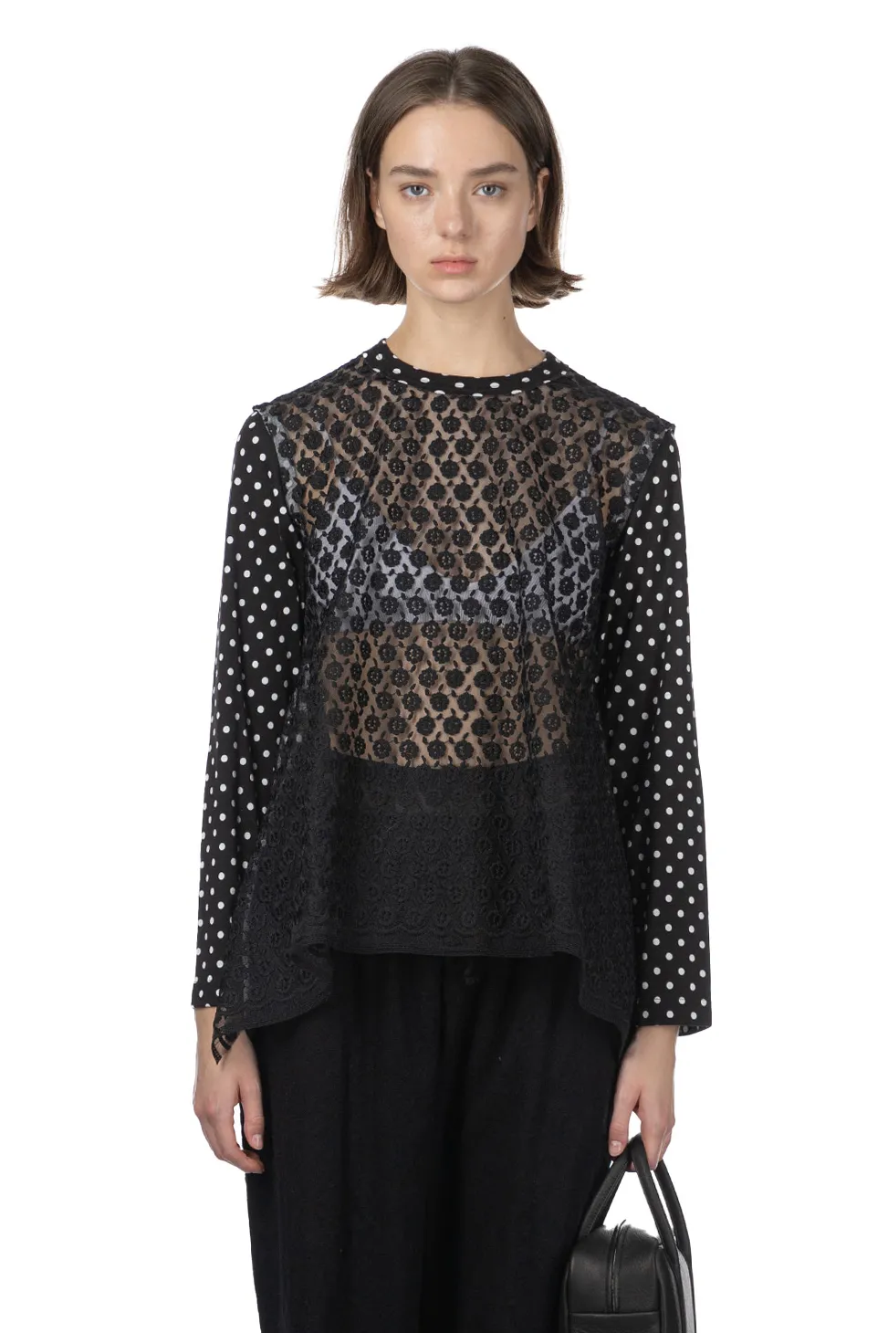 Clearance Comme Des Garcons TAO Organdy Embroidered Jersey Dot Print LS Top Black x Black