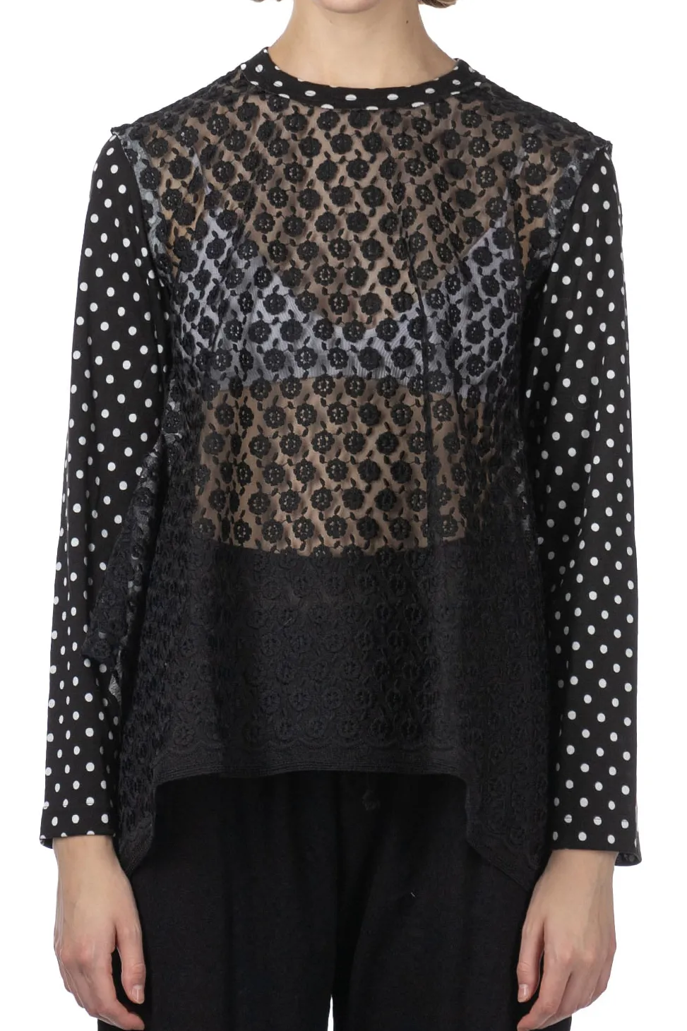 Clearance Comme Des Garcons TAO Organdy Embroidered Jersey Dot Print LS Top Black x Black