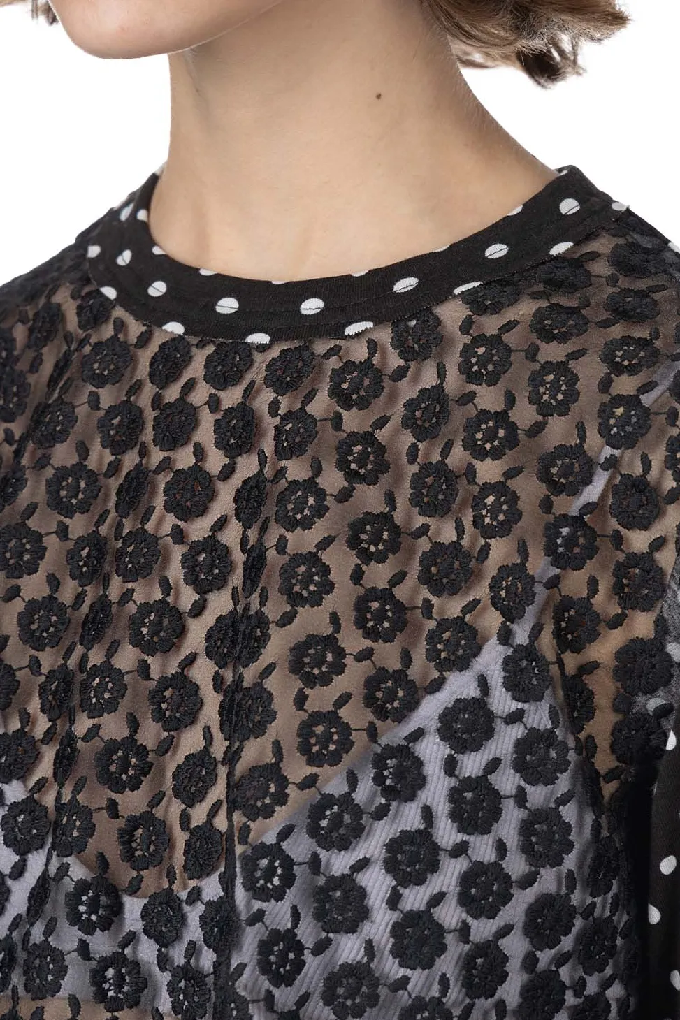 Clearance Comme Des Garcons TAO Organdy Embroidered Jersey Dot Print LS Top Black x Black