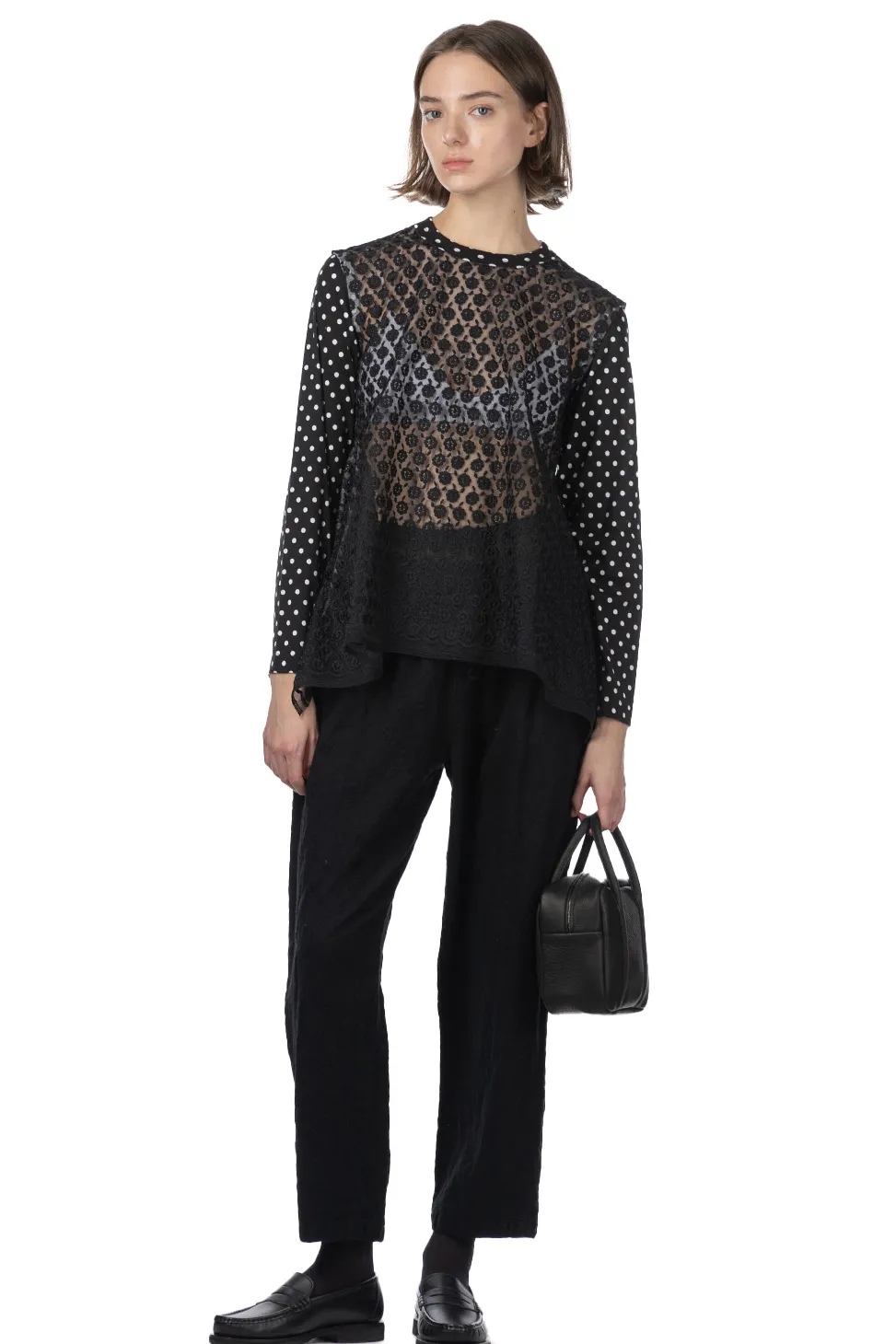 Clearance Comme Des Garcons TAO Organdy Embroidered Jersey Dot Print LS Top Black x Black