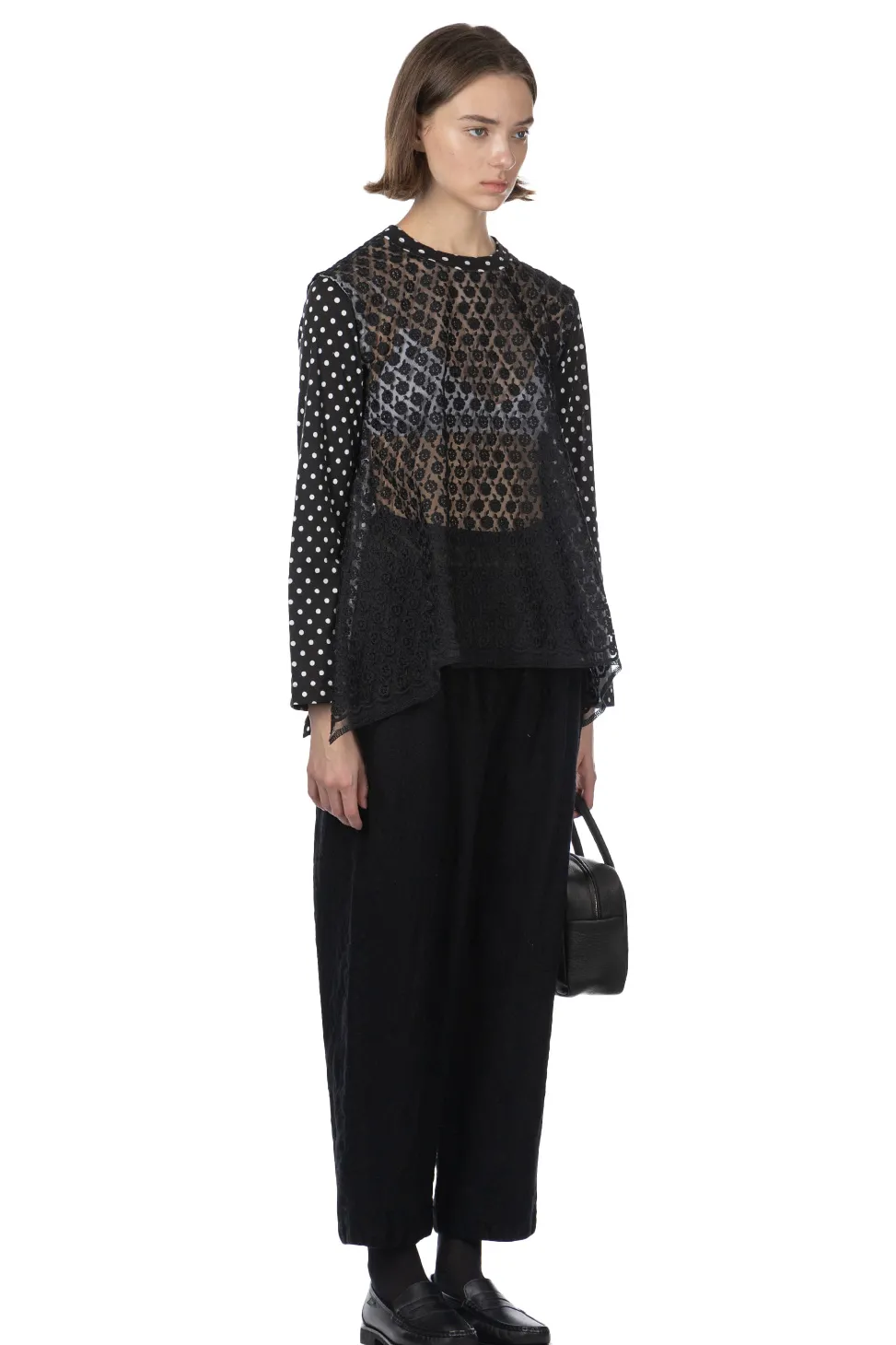 Clearance Comme Des Garcons TAO Organdy Embroidered Jersey Dot Print LS Top Black x Black