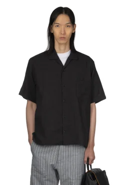 Clearance Manual Alphabet Organic Cotton Double Gauze Open Collar Shirt - Black