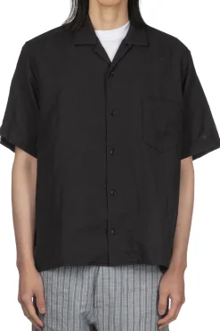 Clearance Manual Alphabet Organic Cotton Double Gauze Open Collar Shirt - Black
