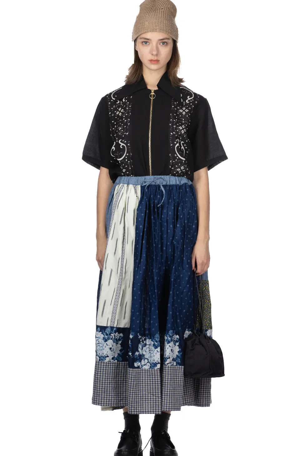 New Kapital Patchwork Gathered Skirt - Indigo