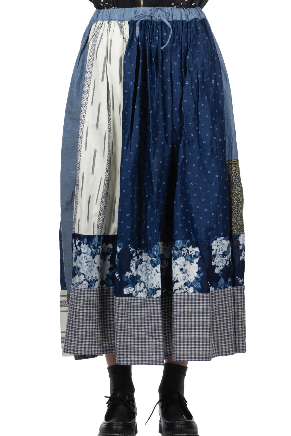 New Kapital Patchwork Gathered Skirt - Indigo