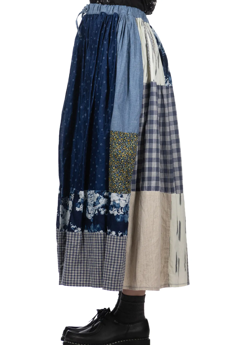 New Kapital Patchwork Gathered Skirt - Indigo
