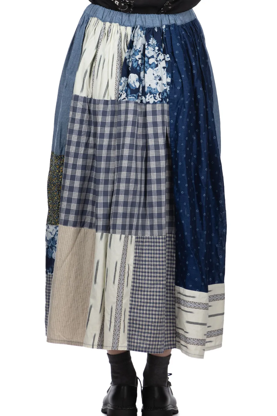 New Kapital Patchwork Gathered Skirt - Indigo